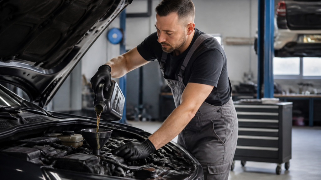 Garagiste effectuant une vidange de voiture dans un garage professionnel