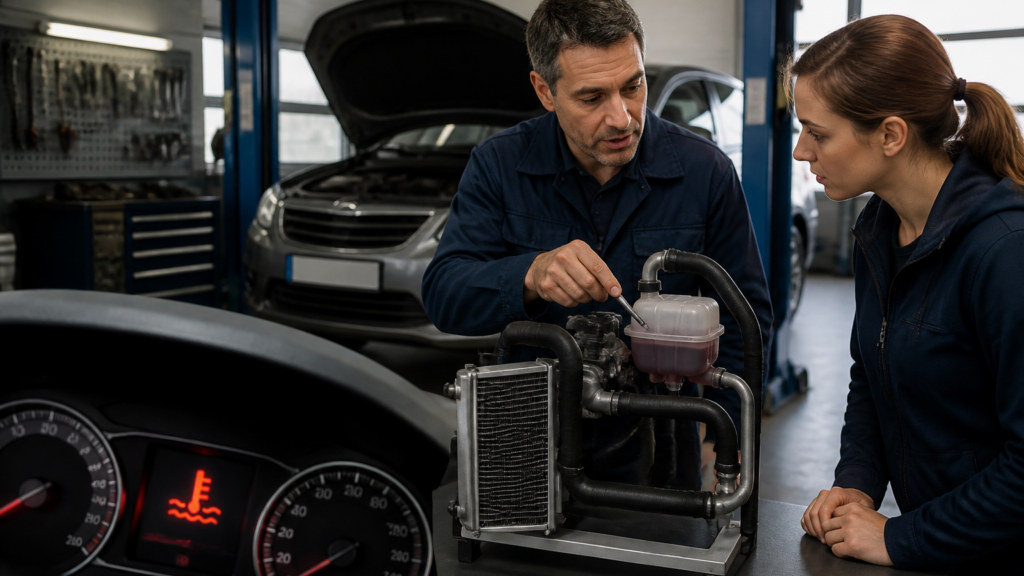 Voyant liquide de refroidissement allumé sur un tableau de bord automobile dans un garage