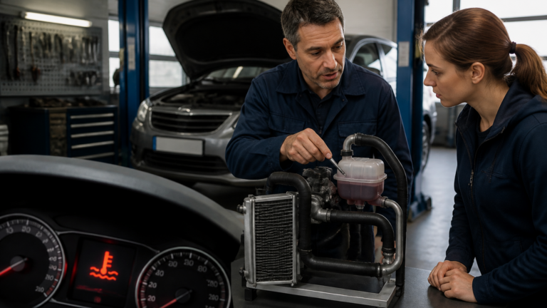 Voyant liquide de refroidissement allumé sur un tableau de bord automobile dans un garage