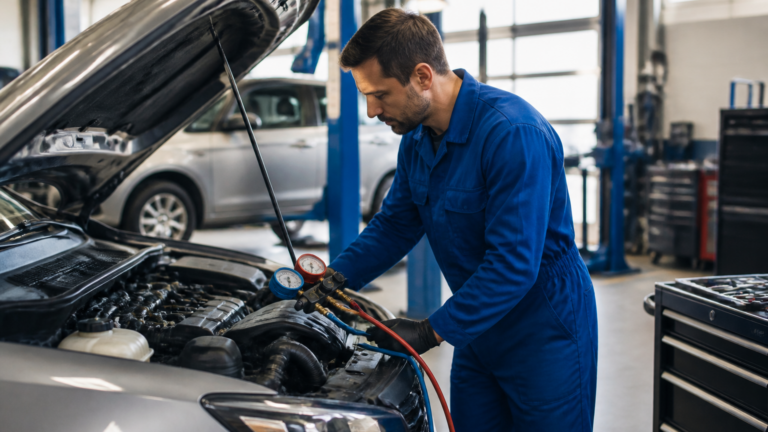 Garagiste effectuant un diagnostic de la climatisation automobile dans un garage
