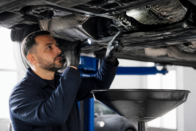 Garagiste inspectant une fuite d'huile sous le capot d'une voiture dans un garage.