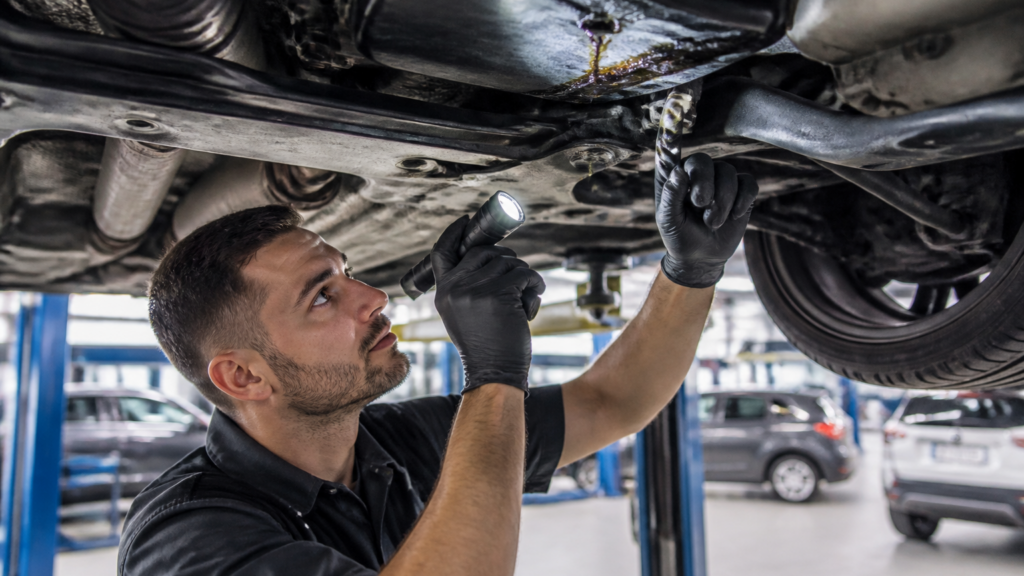 Garagiste inspectant une fuite d'huile moteur sous une voiture dans un garage