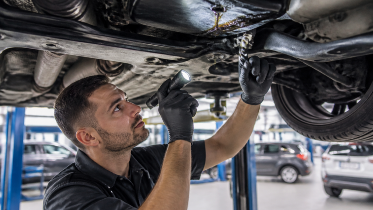 Garagiste inspectant une fuite d'huile moteur sous une voiture dans un garage