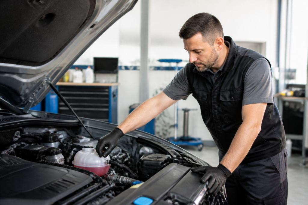 Garagiste inspectant le circuit de refroidissement sous le capot d'une voiture dans un garage automobile moderne.
