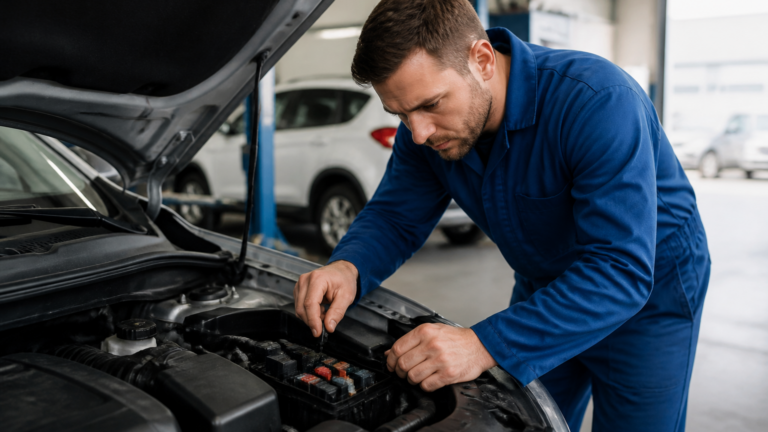 Garagiste inspectant une boîte à fusibles automobile