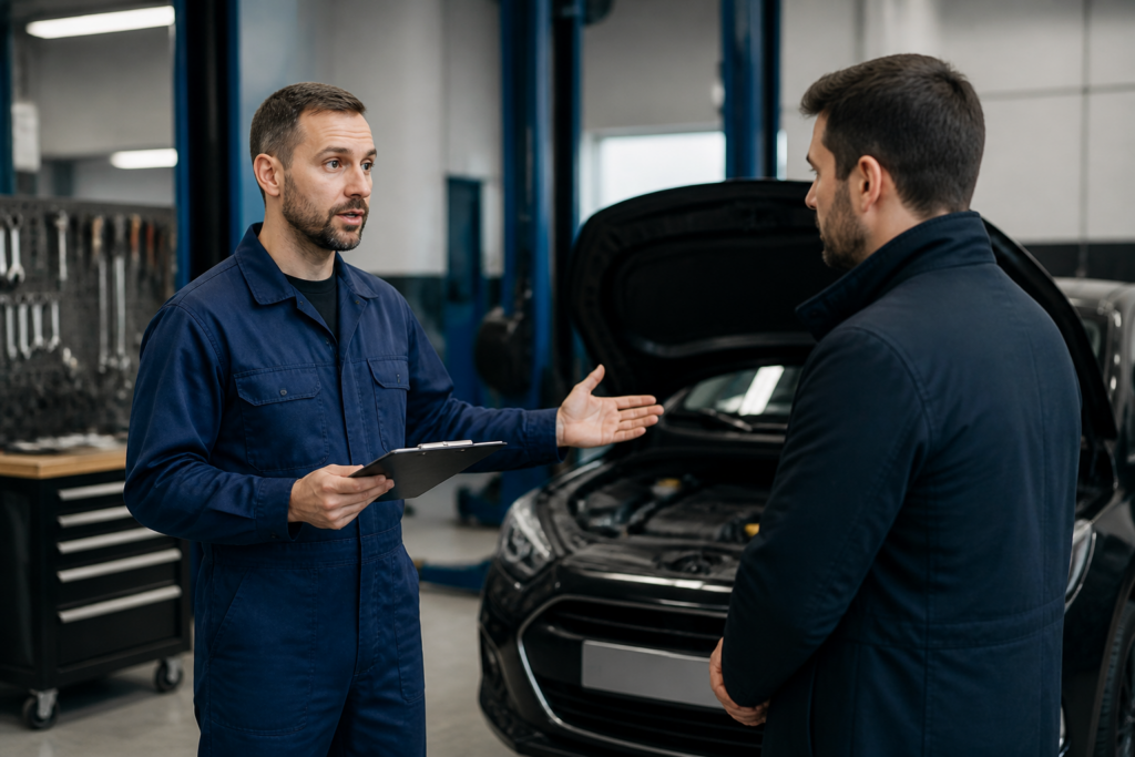 Garagiste expliquant les symptômes mécaniques d'une voiture à un client dans un garage