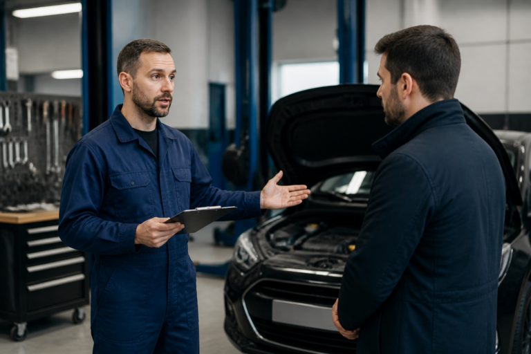Garagiste expliquant les symptômes mécaniques d'une voiture à un client dans un garage