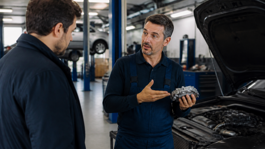 Garagiste expliquant la garantie réparation à un client dans un garage automobile
