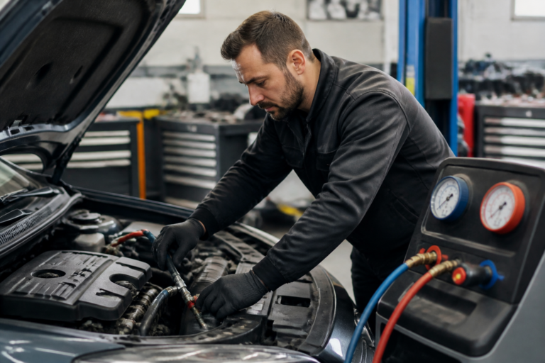 Garagiste inspectant la climatisation d'une voiture dans un garage professionnel