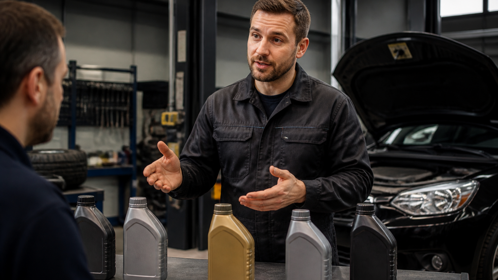 Garagiste expliquant les grades d'huile moteur dans un garage automobile français