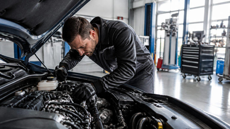 Garagiste local inspectant un moteur de voiture dans un garage automobile