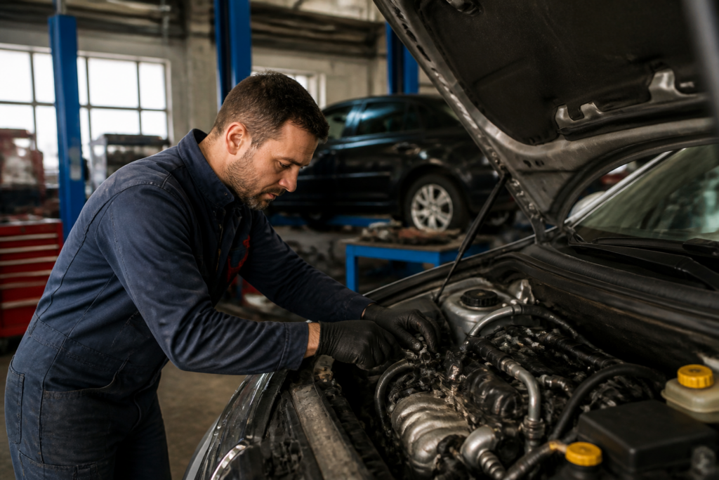 Mécanicien français inspectant un moteur de voiture dans un garage automobile