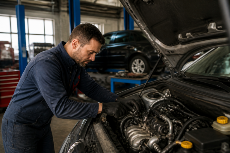 Mécanicien français inspectant un moteur de voiture dans un garage automobile
