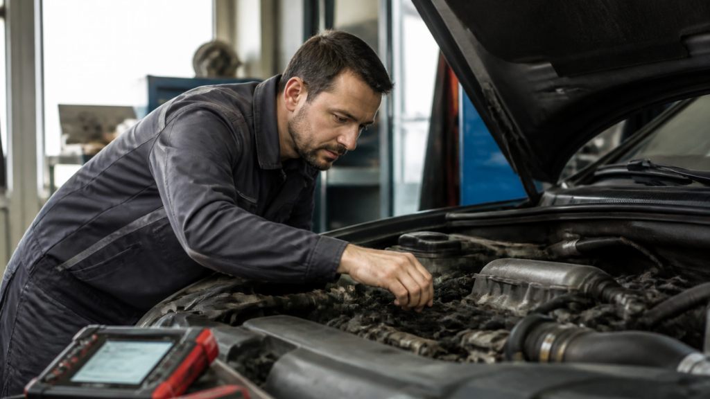 Garagiste inspectant le moteur d'une voiture dans un garage local en France