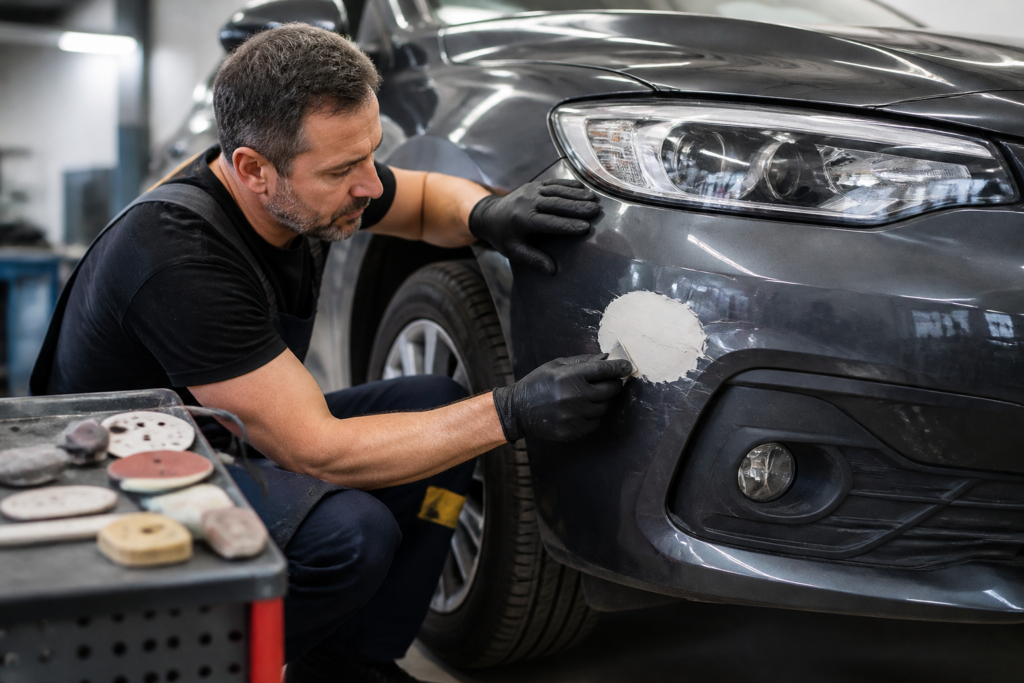 Garagiste réparant un pare choc fissuré dans un garage automobile