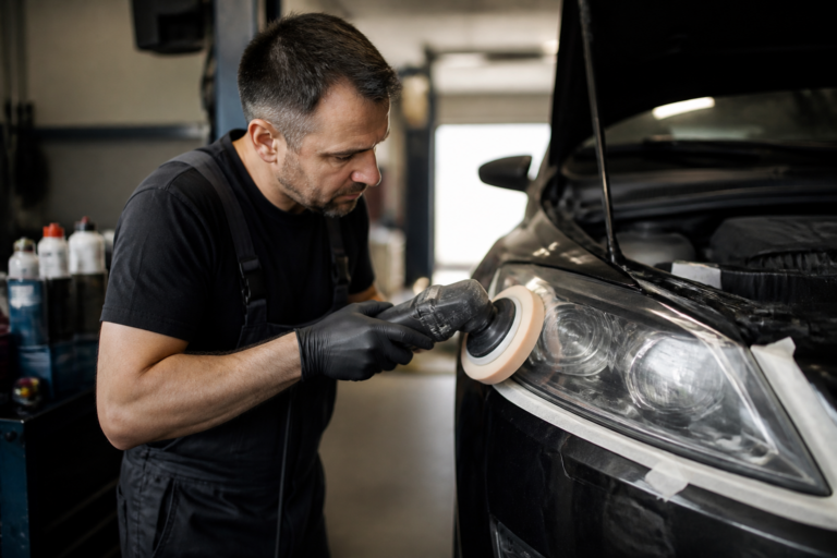 Garagiste polissant un phare de voiture dans un atelier automobile