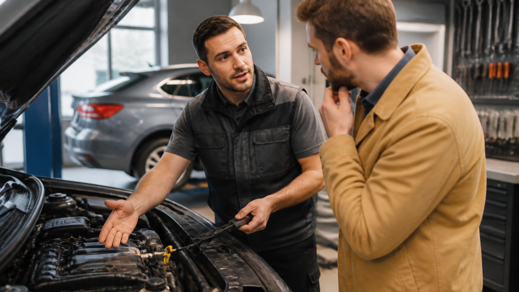 Garagiste expliquant les causes d'une voiture qui cale au ralenti à un client dans un garage