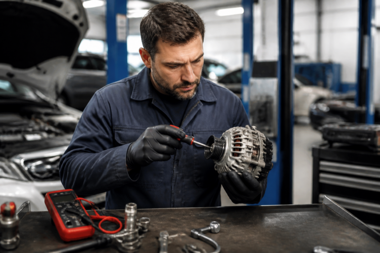 Mécanicien inspectant un alternateur automobile dans un garage professionnel