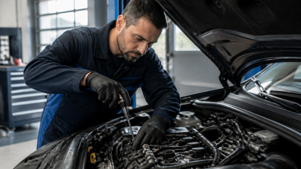 Garagiste en train de changer des bougies de préchauffage dans un moteur diesel dans un garage