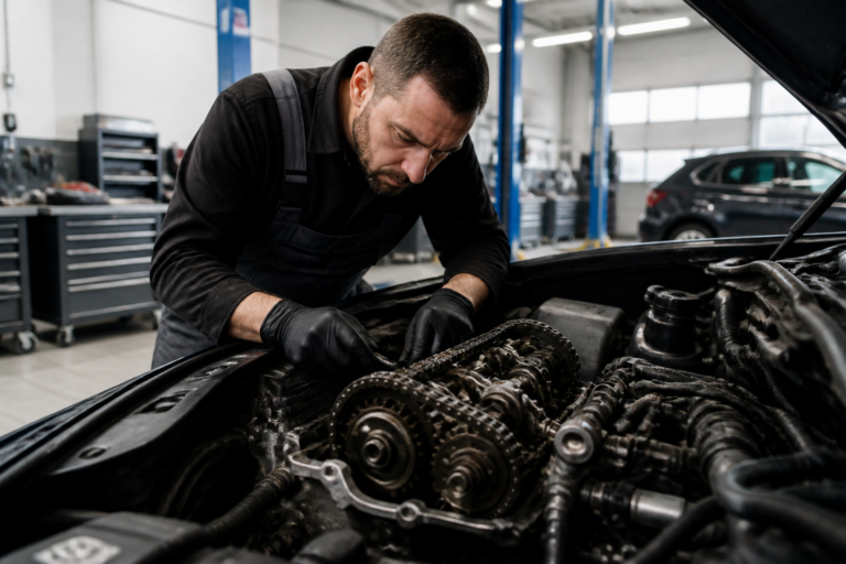 Garagiste inspectant la chaîne de distribution d’un moteur dans un garage automobile