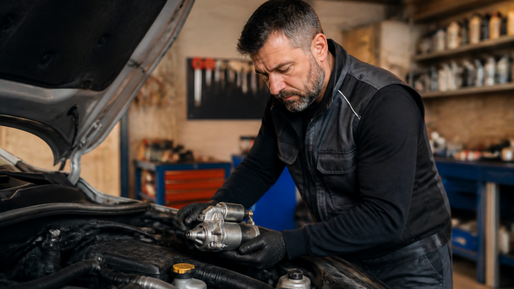Garagiste remplaçant un démarreur de voiture dans un garage local français