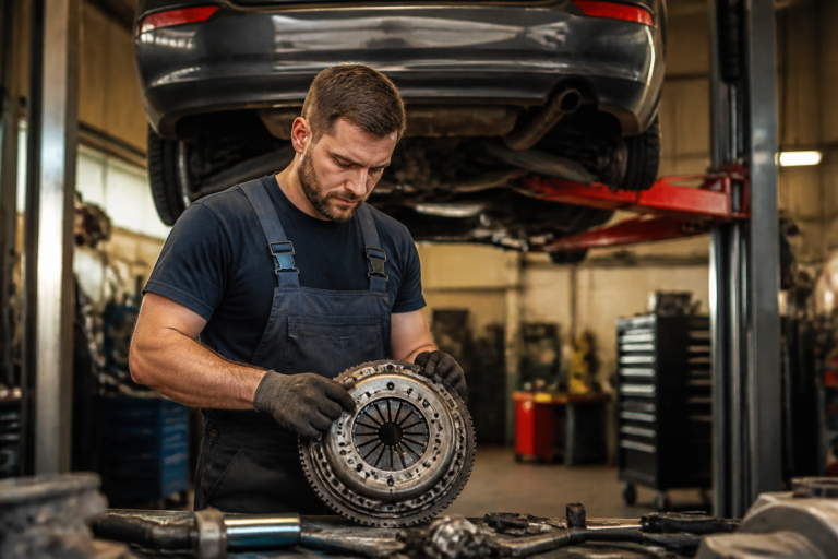 Garagiste réparant un embrayage automobile dans un garage professionnel