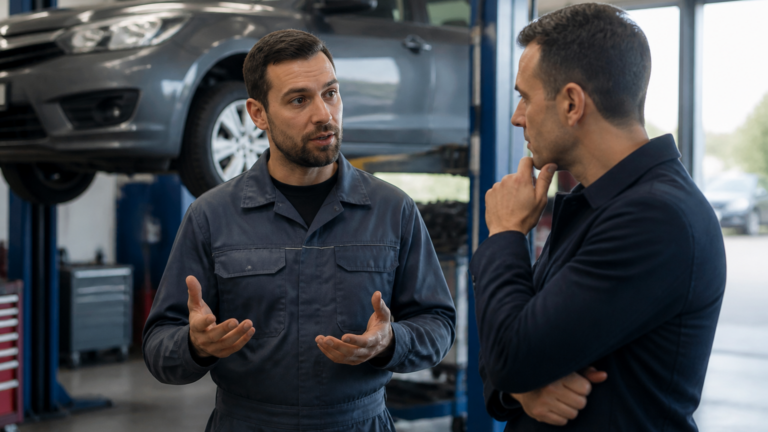 Garagiste expliquant les vibrations d'une voiture au démarrage à un client dans un garage automobile