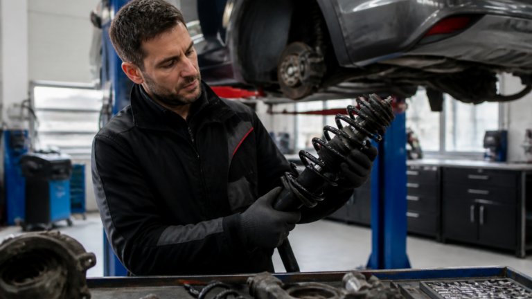 Garagiste inspectant un amortisseur de voiture dans un garage professionnel.