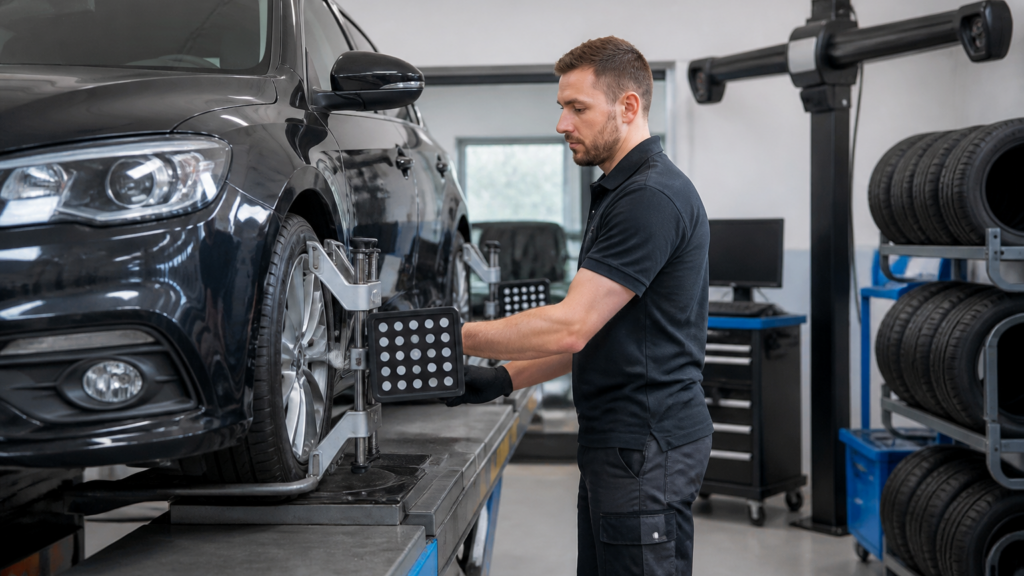 Garagiste réglant le parallélisme d'une voiture dans un garage moderne