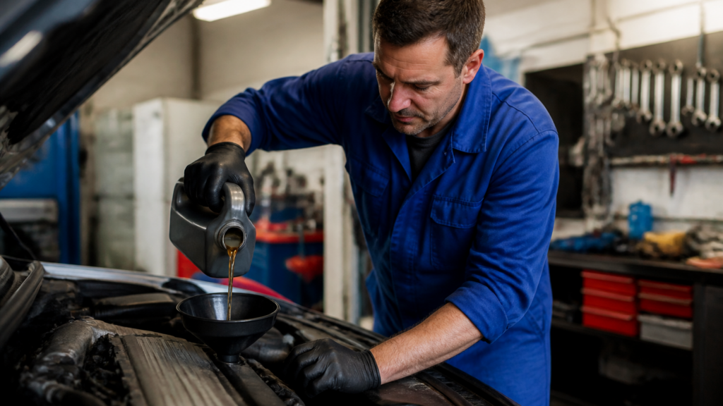 Garagiste effectuant une vidange moteur sur une voiture dans un garage local