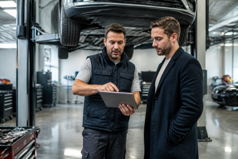 Garagiste expliquant la révision de voiture à un client dans un garage
