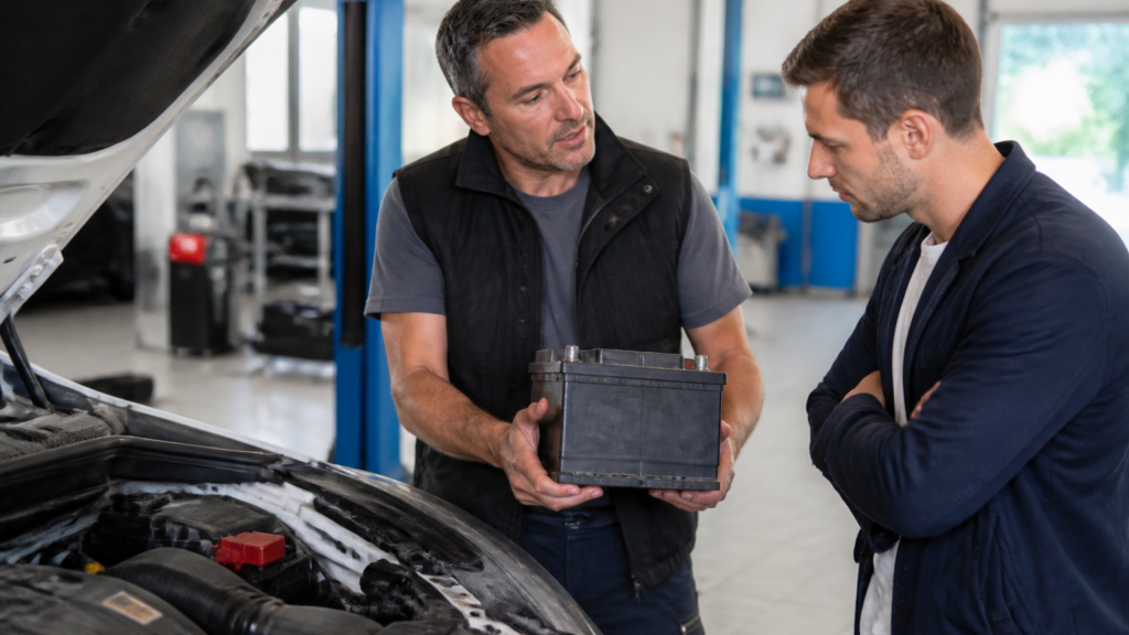 Garagiste montrant une batterie de voiture usée dans un garage automobile