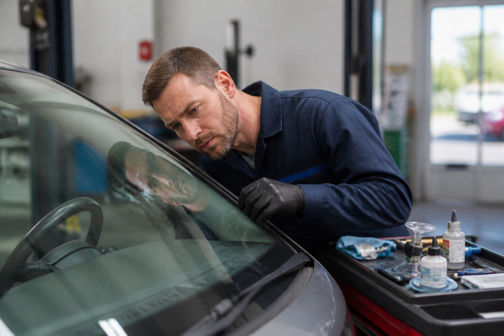 Garagiste inspectant un impact sur un pare-brise dans un garage automobile