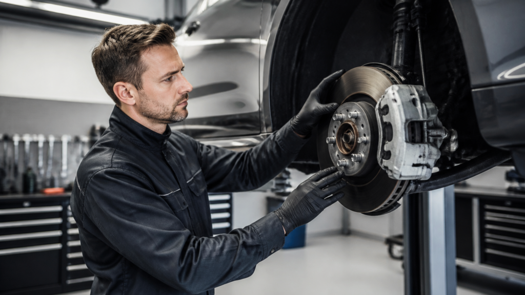 Garagiste inspectant les freins d'une voiture dans un garage automobile en France