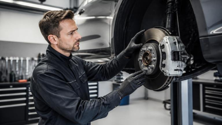 Garagiste inspectant les freins d'une voiture dans un garage automobile en France