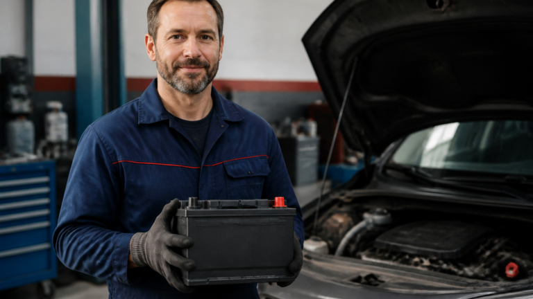 Garagiste tenant une batterie voiture neuve dans un garage automobile local