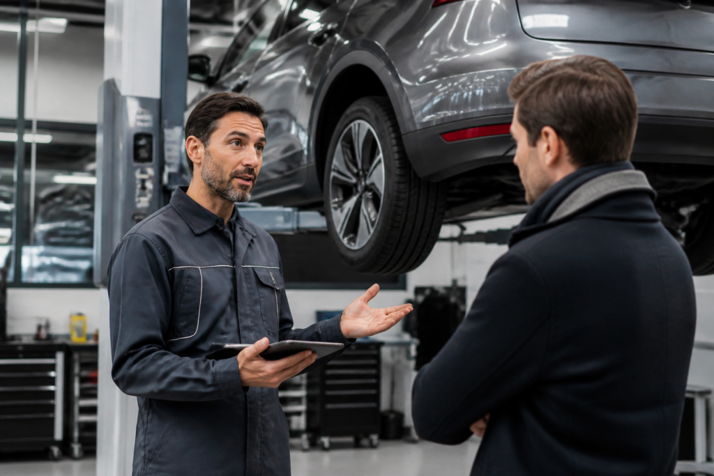Garagiste expliquant le contrôle technique d'une voiture électrique dans un garage moderne