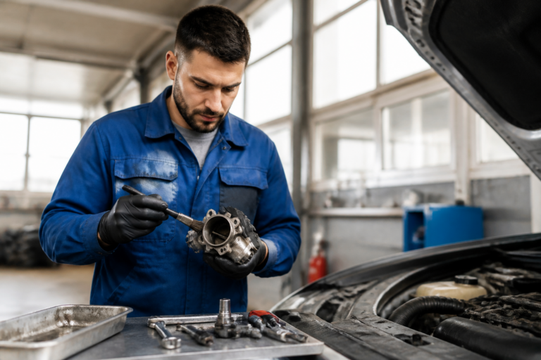 Garagiste nettoyant une vanne EGR dans un garage automobile moderne
