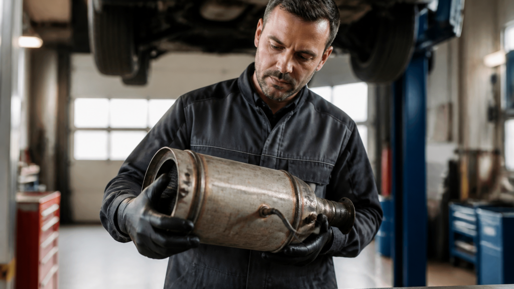 Mécanicien inspectant un filtre à particules dans un garage automobile