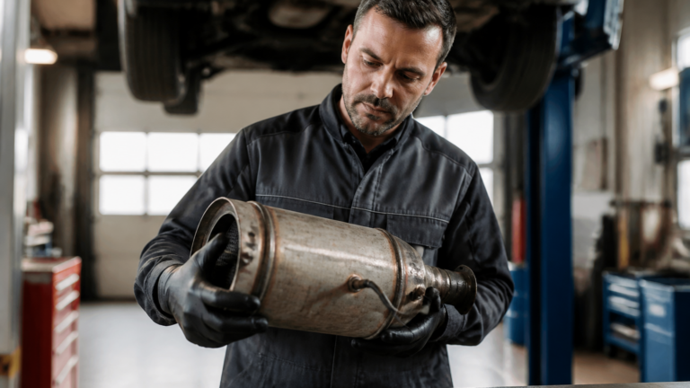 Mécanicien inspectant un filtre à particules dans un garage automobile