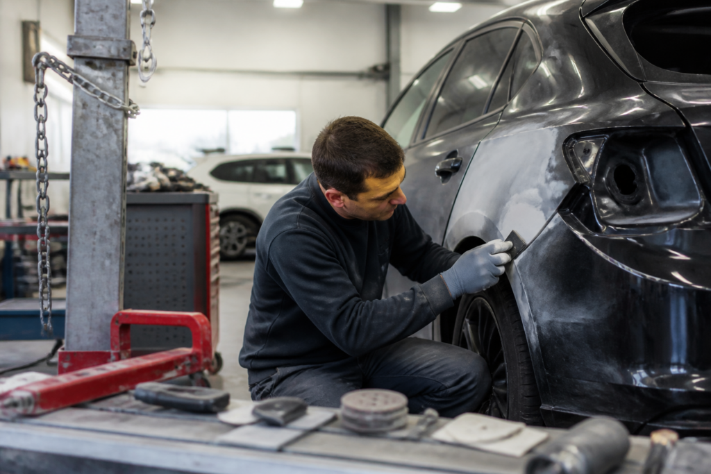 Carrossier professionnel réparant la carrosserie d'une voiture dans un garage local français