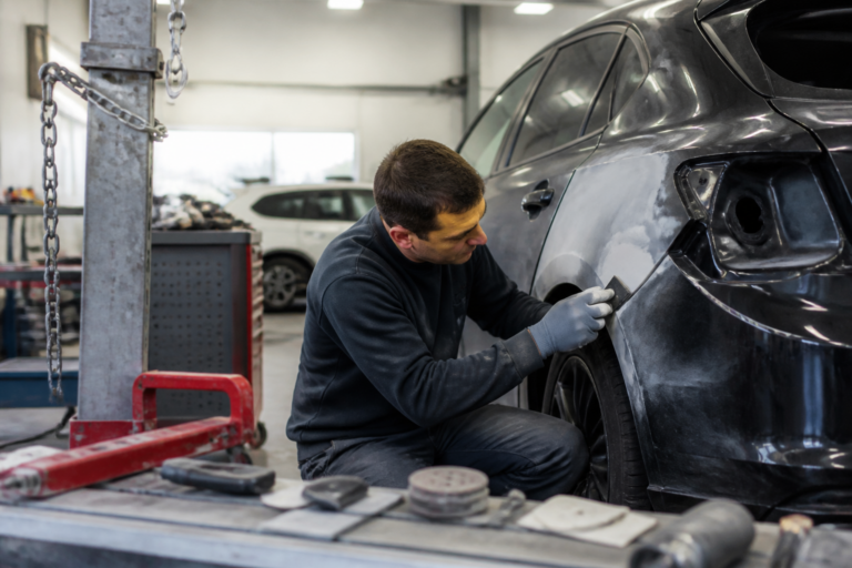 Carrossier professionnel réparant la carrosserie d'une voiture dans un garage local français