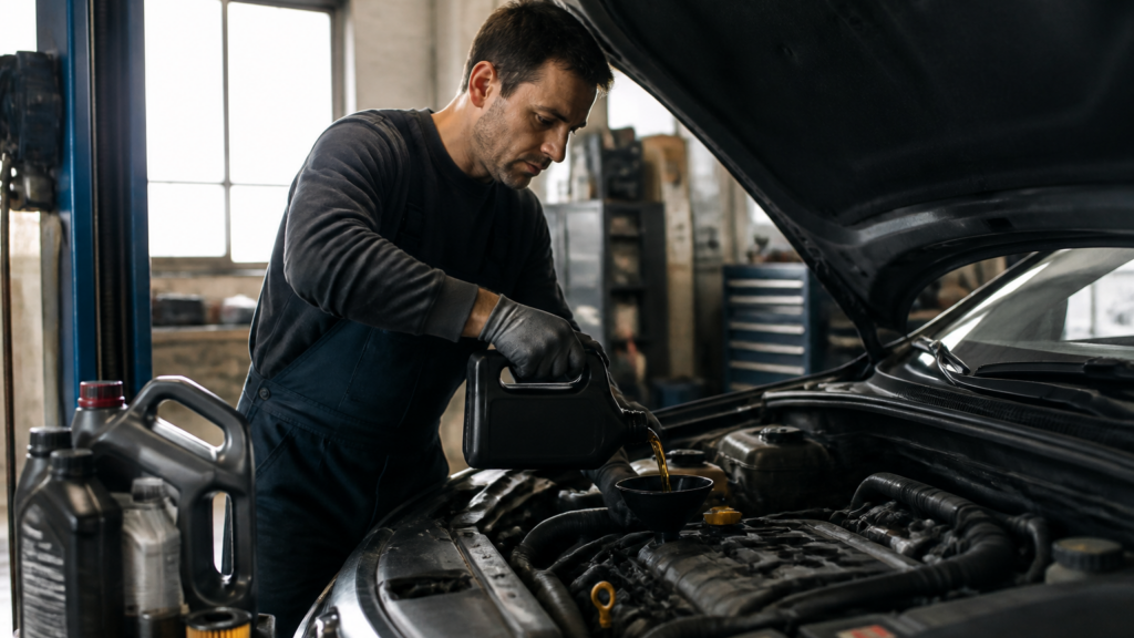 Garagiste réalisant une vidange de voiture dans un garage automobile local en France