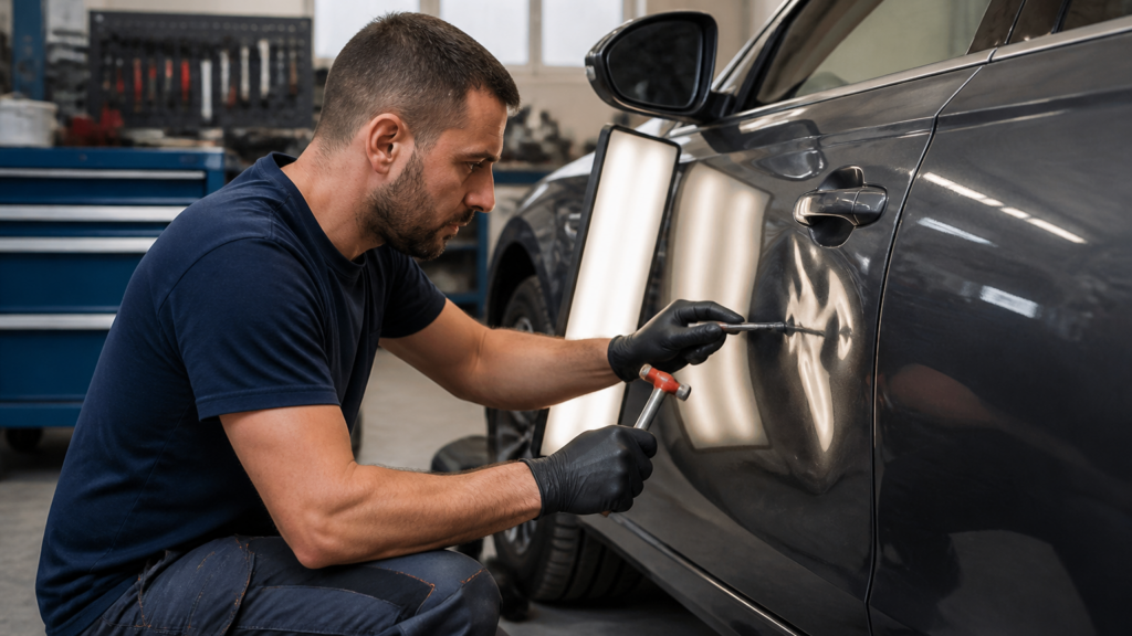 Garagiste effectuant un débosselage sans peinture sur la porte d'une voiture dans un garage.