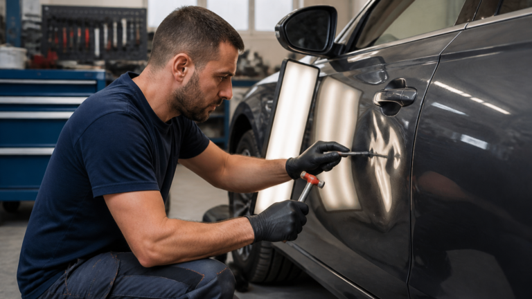 Garagiste effectuant un débosselage sans peinture sur la porte d'une voiture dans un garage.