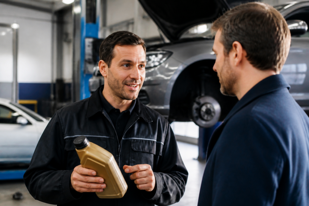 Garagiste expliquant le choix de l'huile moteur à un client dans un garage automobile