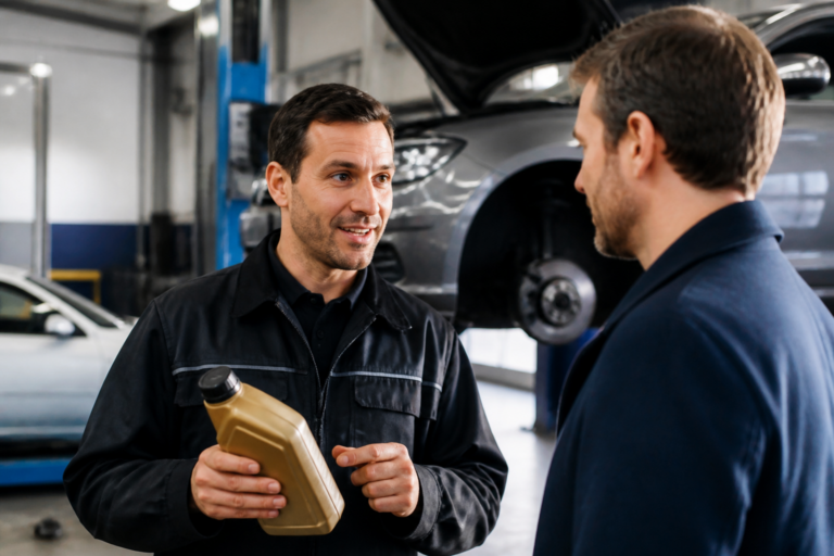 Garagiste expliquant le choix de l'huile moteur à un client dans un garage automobile