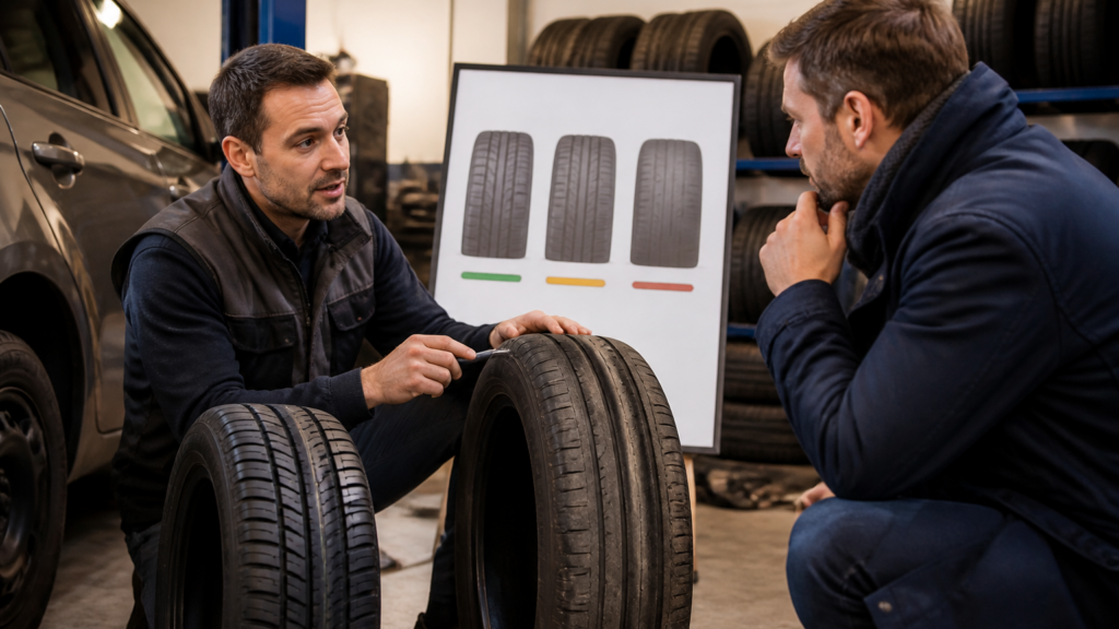 Garagiste français expliquant l'usure des pneus à un conducteur dans un garage local