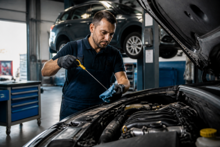 Garagiste effectuant une vidange diesel dans un garage automobile local