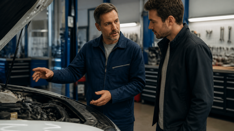 Mécanicien auto expliquant une réparation à un client dans un garage local